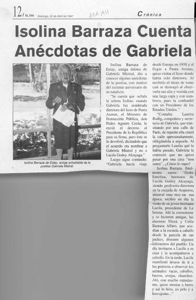 Isolina Barraza cuenta anécdotas de Gabriela  [artículo].
