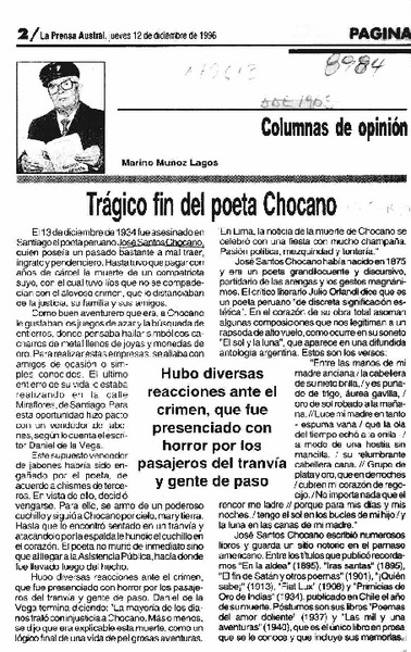 Trágico fin del poeta Chocano  [artículo] Marino Muñoz Lagos.