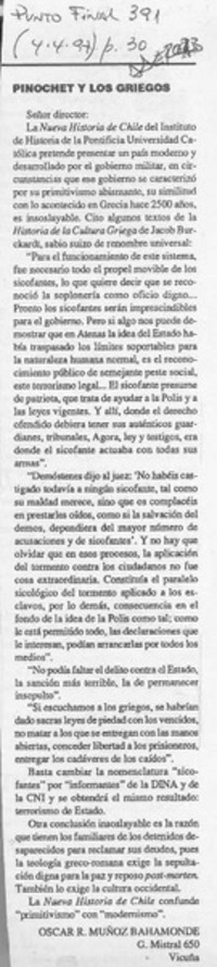 Pinochet y los griegos  [artículo] Oscar R. Muñoz Bahamonde.