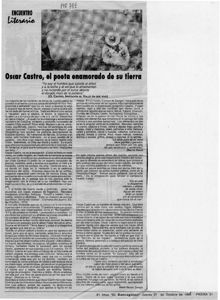 Oscar Castro, el poeta enamorado de su tierra  [artículo] Mario Noceti Zerega.