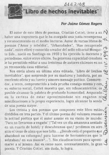"Libro de hechos inevitables"  [artículo] Jaime Gómez Rogers.