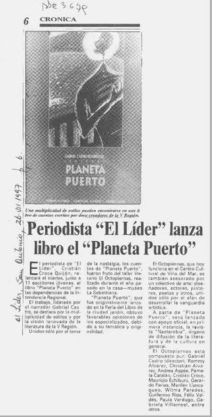 Periodista "El Líder" lanza libro el "Planeta puerto"  [artículo].
