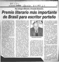 Premio literario más importante de Brasil para escritor porteño  [artículo].
