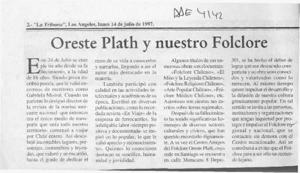 Oreste Plath y nuestro folclor  [artículo].