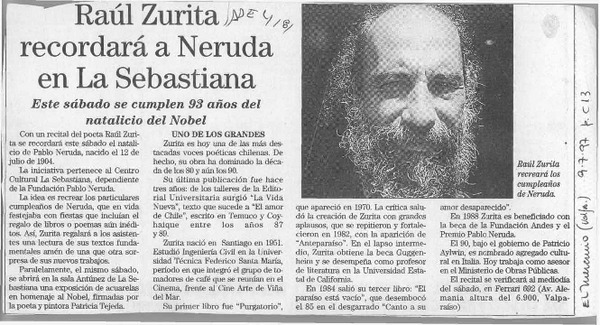 Raúl Zurita recordará a Neruda en La Sebastiana