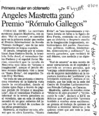 Angeles Mastretta ganó Premio "Rómulo Gallegos"  [artículo].