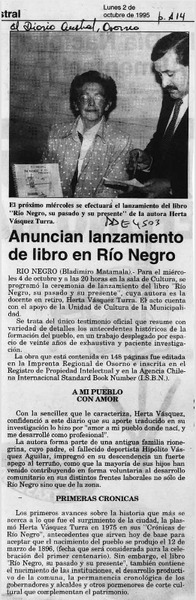 Anuncian lanzamiento de libro en Río Negro  [artículo].