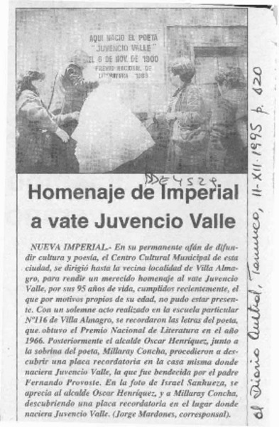 Homenaje de Imperial a vate Juvencio Valle  [artículo].