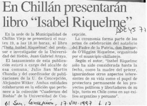 En Chillán presentarán libro "Isabel Riquelme"  [artículo].