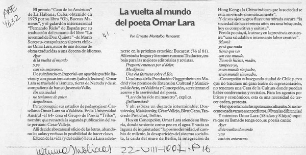 La vuelta al mundo del poeta Omar Lara  [artículo] Ernesto Montalba Rencoret.