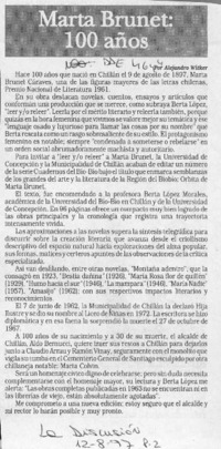 Marta Brunet, 100 años  [artículo] Alejandro Witker.