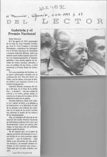 Gabriela y el Premio Nacional  [artículo] Juan Meza Sepúlveda.