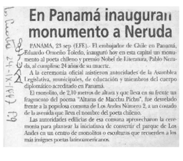 En Panamá inauguran monumento a Neruda  [artículo].