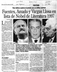 Fuentes, Amado, y Vargas Llosa en lista de Nobel de Literatura 1997  [artículo].