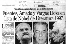 Fuentes, Amado, y Vargas Llosa en lista de Nobel de Literatura 1997  [artículo].