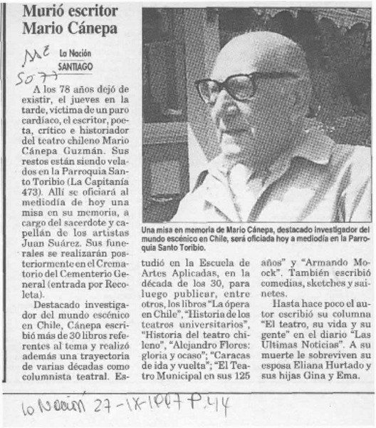 Murió escritor Mario Cánepa  [artículo].