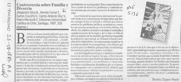 Controversia sobre familia y divorcio  [artículo] Beatriz Zegers Prado.