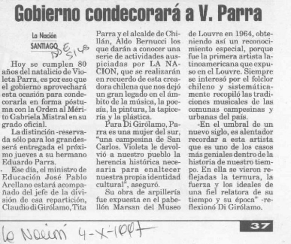 Gobierno condecorará a V. Parra  [artículo].