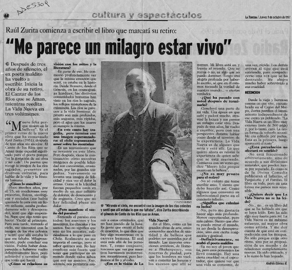 "Me parece un milagro estar vivo"  [artículo]Andrés Gómez B.