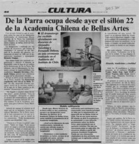 De la Parra ocupa desde ayer el sillón 22 de la Academia Chilena de Bellas Artes  [artículo].