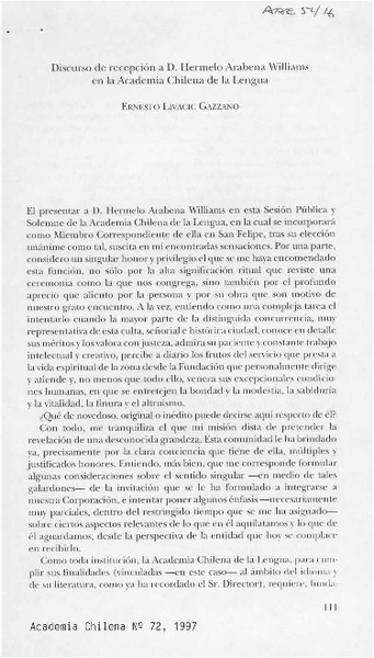 Discurso de recepción a D. Hermelo Arabena Williams en la Academia Chilena de la Lengua
