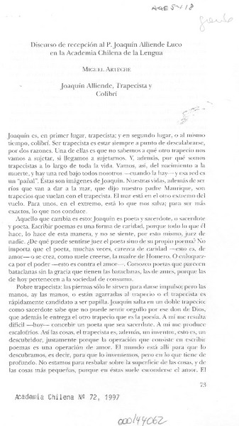 Discurso de recepción al P. Joaquín Alliende Luco en la Academia Chilena de la Lengua