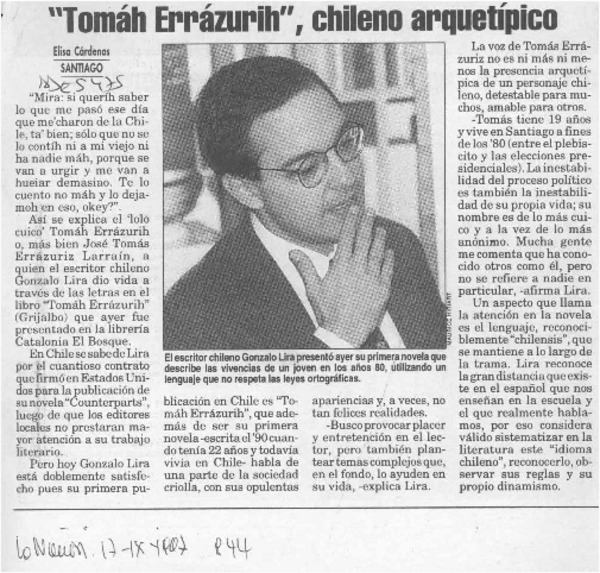 "Tomáh Errázurih", chileno arquetípico  [artículo] Elisa Cárdenas.
