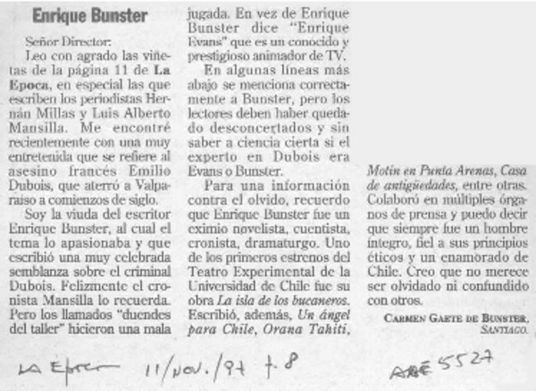 Enrique Bunster  [artículo] Carmen Gaete de Bunster.