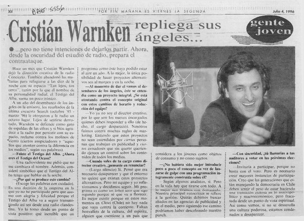 Cristián Warnken repliega sus ángeles --  [artículo].