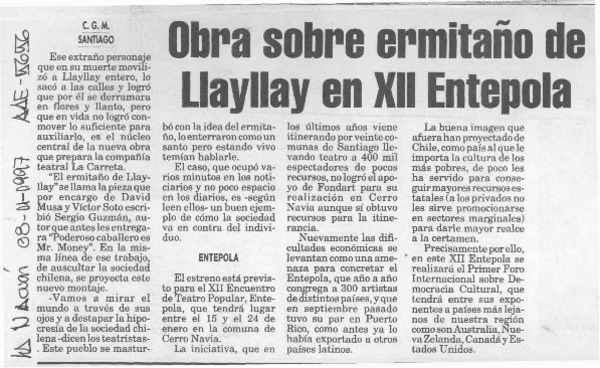 Obra sobre ermitaño de Llay Llay en XII Entepola  [artículo] C. G. M.