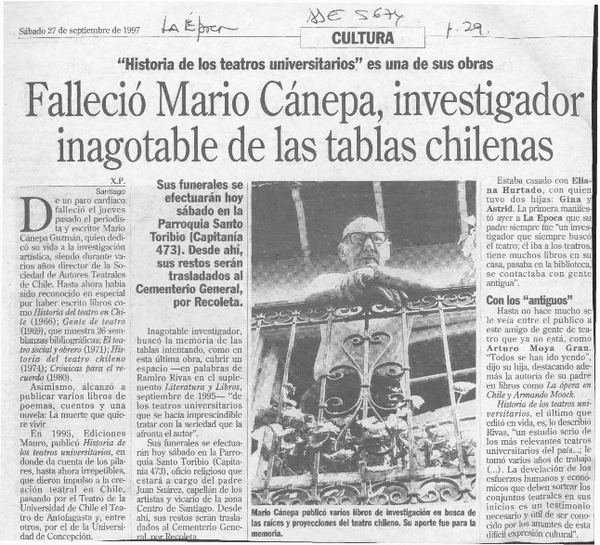 Falleció Mario Cánepa, investigador inagotable de las tablas chilenas  [artículo] X. P.
