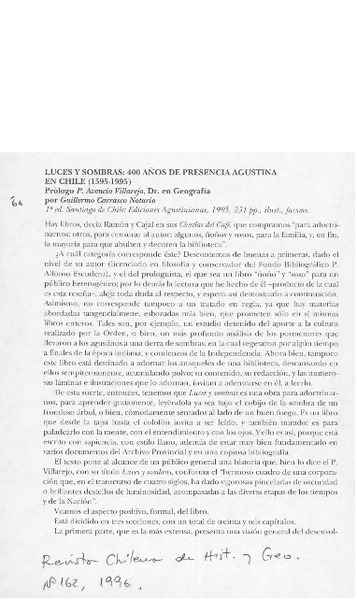 Luces y sombras, 400 años de presencia agustina en Chile (1595-1995)  [artículo] Felipe Vicencio Eyzaguirre.