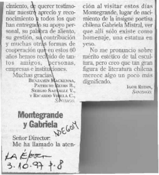 Montegrande y Gabriela  [artículo] Igor Rudin.