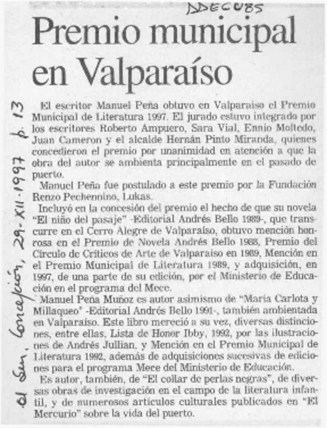 Premio Municipal en Valparaíso  [artículo].