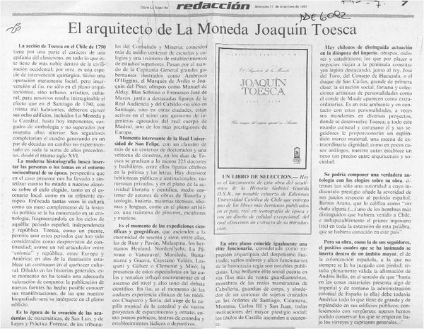 El Arquitecto de La Moneda Joaquín Toesca  [artículo].