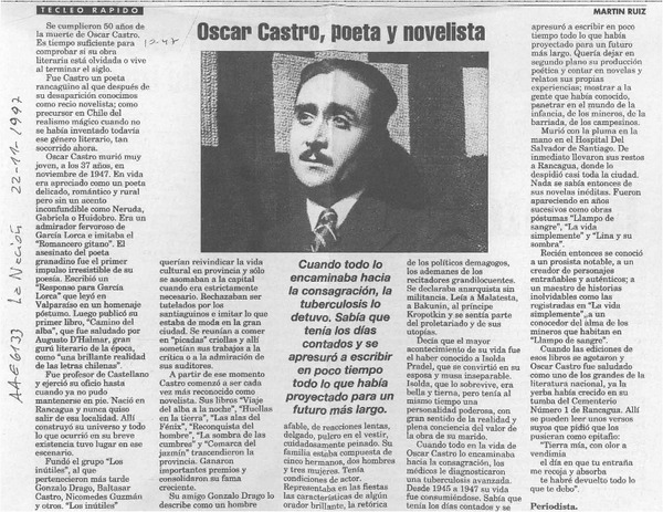 Oscar Castro, poeta y novelista  [artículo] Martín Ruiz.
