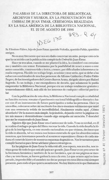 Palabras de la Directora de Bibliotecas, Archivos y Museos, en la presentación de Umbral de Juan Emar  [artículo].
