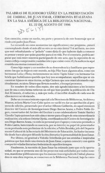 Palabras de Eliodoro Yáñez en la presentación de Umbral, de Juan Emar  [artículo].
