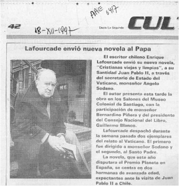 Lafourcade envió nueva novela al Papa  [artículo].