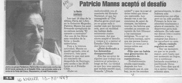 Patricio Manns aceptó el desafío  [artículo].