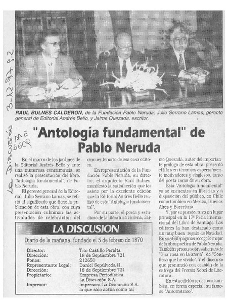 "Antología fundamental" de Pablo Neruda  [artículo].