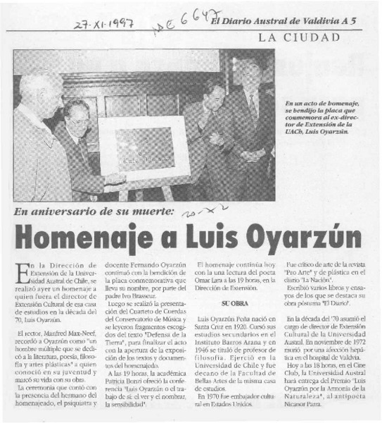 Homenaje a Luis Oyarzún  [artículo].