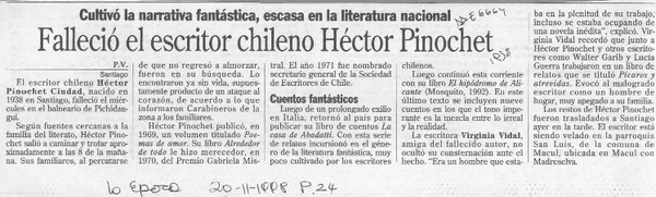 Falleció el escritor chileno Héctor Pinochet  [artículo] P. V.