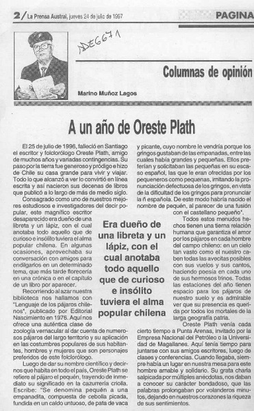 A un año de Oreste Plath  [artículo] Marino Muñoz Lagos.