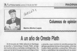 A un año de Oreste Plath  [artículo] Marino Muñoz Lagos.