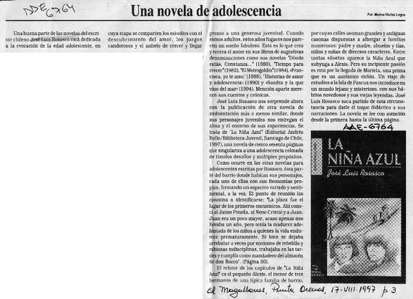 Una novela de adolescencia  [artículo] Marino Muñoz Lagos.