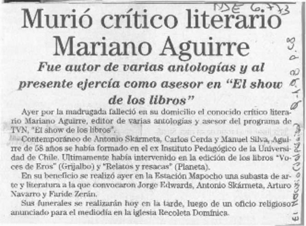 Murió crítico literario Mariano Aguirre  [artículo].