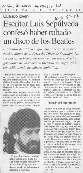 Escritor Luis Sepúlveda confesó haber robado un disco de los Beatles  [artículo].