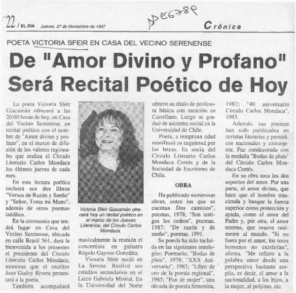 De "Amor divino y profano" será recital poético de hoy  [artículo].