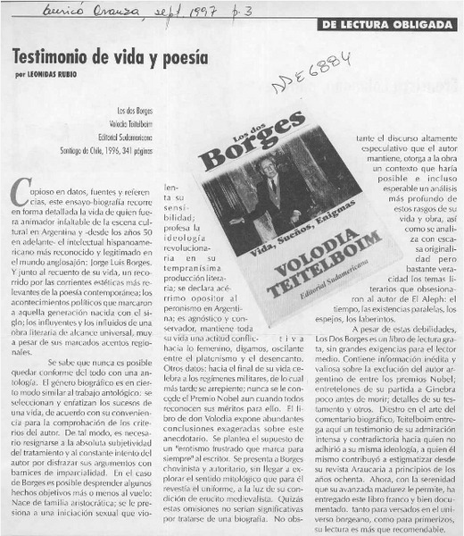 Testimonio de vida y poesía  [artículo] Leonidas Rubio.